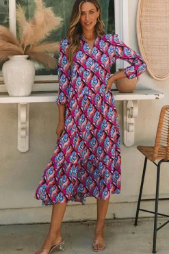 Clearance Dear-Lover Abstract Geometric Print Long Sleeve High Waist Dress Multicolor-2