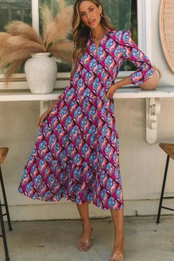 Clearance Dear-Lover Abstract Geometric Print Long Sleeve High Waist Dress Multicolor-2