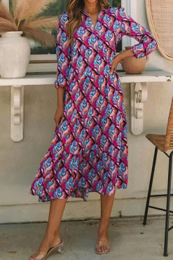 Clearance Dear-Lover Abstract Geometric Print Long Sleeve High Waist Dress Multicolor-2
