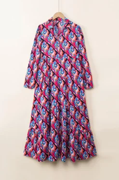 Clearance Dear-Lover Abstract Geometric Print Long Sleeve High Waist Dress Multicolor-2