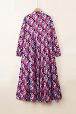 Clearance Dear-Lover Abstract Geometric Print Long Sleeve High Waist Dress Multicolor-2
