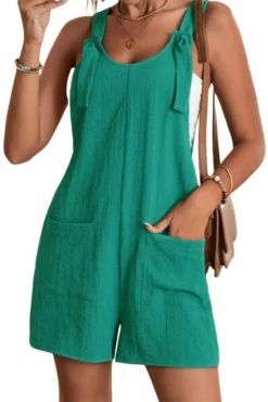 Hot Dear-Lover Adjustable Straps Pocketed Textured Romper Green-2
