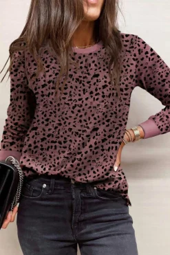 New Dear-Lover Animal Spotted Print Round Neck Long Sleeve Top Fiery Red