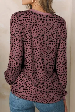 New Dear-Lover Animal Spotted Print Round Neck Long Sleeve Top Fiery Red