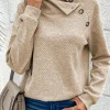 Discount Dear-Lover  Asymmetric Buttons Detail High Neck Textured Sweatshirt Apricot