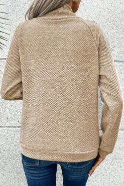 Discount Dear-Lover  Asymmetric Buttons Detail High Neck Textured Sweatshirt Apricot