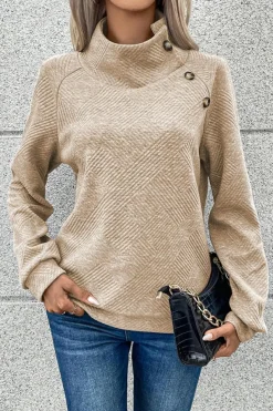 Discount Dear-Lover  Asymmetric Buttons Detail High Neck Textured Sweatshirt Apricot