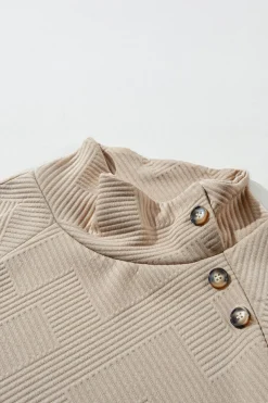 Discount Dear-Lover  Asymmetric Buttons Detail High Neck Textured Sweatshirt Apricot