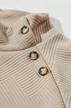 Discount Dear-Lover  Asymmetric Buttons Detail High Neck Textured Sweatshirt Apricot