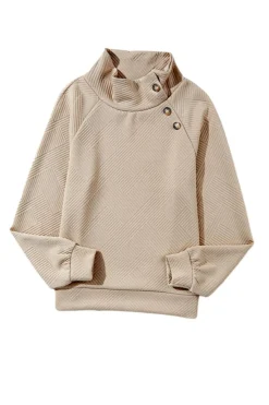 Discount Dear-Lover  Asymmetric Buttons Detail High Neck Textured Sweatshirt Apricot