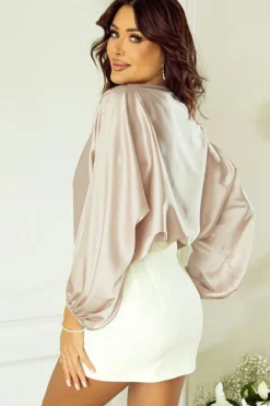 Outlet Dear-Lover Asymmetrical Neck Balloon Sleeve Satin Blouse Apricot