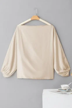 Outlet Dear-Lover Asymmetrical Neck Balloon Sleeve Satin Blouse Apricot
