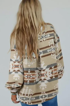 New Dear-Lover Aztec Print Collared Flap Pocket Sweatshirt Apricot