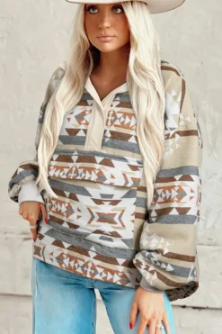 New Dear-Lover Aztec Print Collared Flap Pocket Sweatshirt Apricot