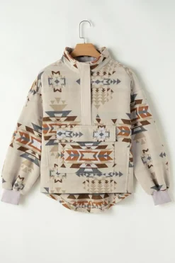 New Dear-Lover Aztec Print Collared Flap Pocket Sweatshirt Apricot