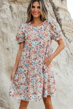 New Dear-Lover Bohemian Floral Print Short Puff Sleeve Mini Dress Apricot