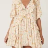 Online Dear-Lover Boho Floral Tassel Tie V Neck Ruffle Wide Sleeve Mini Dress Apricot