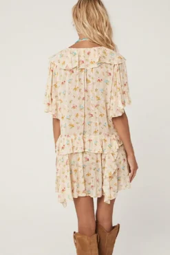 Online Dear-Lover Boho Floral Tassel Tie V Neck Ruffle Wide Sleeve Mini Dress Apricot