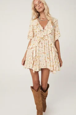 Online Dear-Lover Boho Floral Tassel Tie V Neck Ruffle Wide Sleeve Mini Dress Apricot