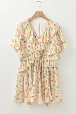Online Dear-Lover Boho Floral Tassel Tie V Neck Ruffle Wide Sleeve Mini Dress Apricot