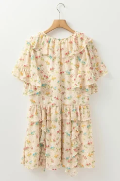 Online Dear-Lover Boho Floral Tassel Tie V Neck Ruffle Wide Sleeve Mini Dress Apricot