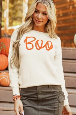 Best Dear-Lover Boo Knitted Pattern Ribbed Edge Drop Shoulder Sweater Apricot