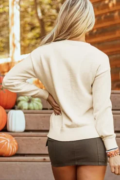 Best Dear-Lover Boo Knitted Pattern Ribbed Edge Drop Shoulder Sweater Apricot