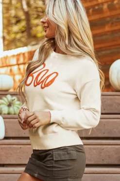 Best Dear-Lover Boo Knitted Pattern Ribbed Edge Drop Shoulder Sweater Apricot