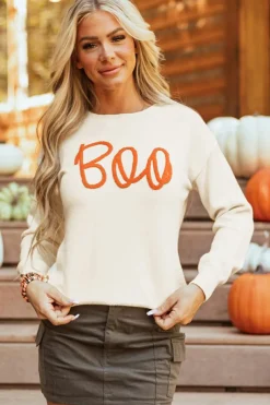 Best Dear-Lover Boo Knitted Pattern Ribbed Edge Drop Shoulder Sweater Apricot