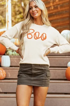 Best Dear-Lover Boo Knitted Pattern Ribbed Edge Drop Shoulder Sweater Apricot