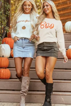 Best Dear-Lover Boo Knitted Pattern Ribbed Edge Drop Shoulder Sweater Apricot