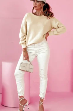 Sale Dear-Lover Bowknot Dewback Round Neck Sweatshirt Apricot