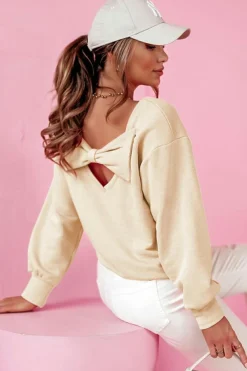 Sale Dear-Lover Bowknot Dewback Round Neck Sweatshirt Apricot
