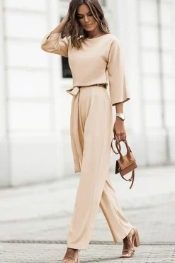 New Dear-Lover Bracelet Sleeve Waist Tie Wide Leg Jumpsuit Apricot