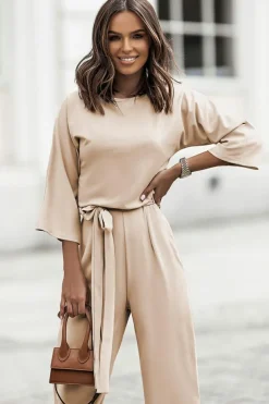 New Dear-Lover Bracelet Sleeve Waist Tie Wide Leg Jumpsuit Apricot