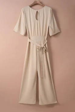 New Dear-Lover Bracelet Sleeve Waist Tie Wide Leg Jumpsuit Apricot