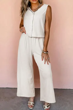 New Dear-Lover Buttoned V Neck Tank Top and Wide Leg Pants Casual Outfit Apricot