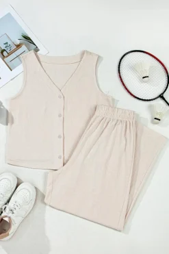 New Dear-Lover Buttoned V Neck Tank Top and Wide Leg Pants Casual Outfit Apricot