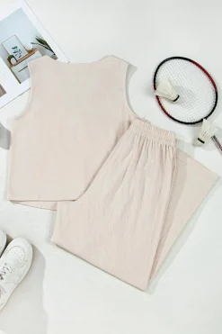 New Dear-Lover Buttoned V Neck Tank Top and Wide Leg Pants Casual Outfit Apricot