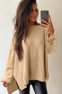 Fashion Dear-Lover Cable Knit Drop Shoulder Side Slits Loose Sweater Apricot