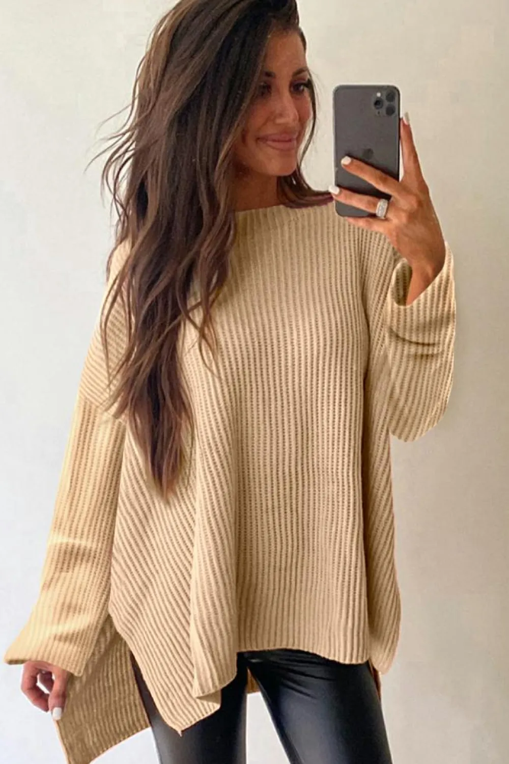 Fashion Dear-Lover Cable Knit Drop Shoulder Side Slits Loose Sweater Apricot