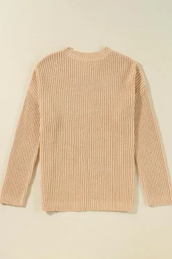 Fashion Dear-Lover Cable Knit Drop Shoulder Side Slits Loose Sweater Apricot