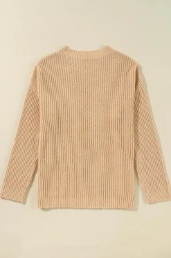 Fashion Dear-Lover Cable Knit Drop Shoulder Side Slits Loose Sweater Apricot