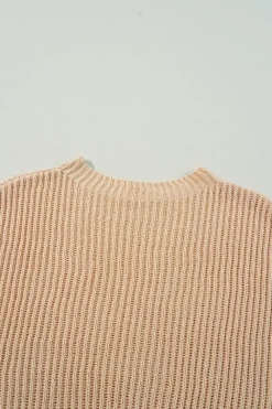 Fashion Dear-Lover Cable Knit Drop Shoulder Side Slits Loose Sweater Apricot