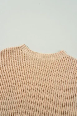 Fashion Dear-Lover Cable Knit Drop Shoulder Side Slits Loose Sweater Apricot