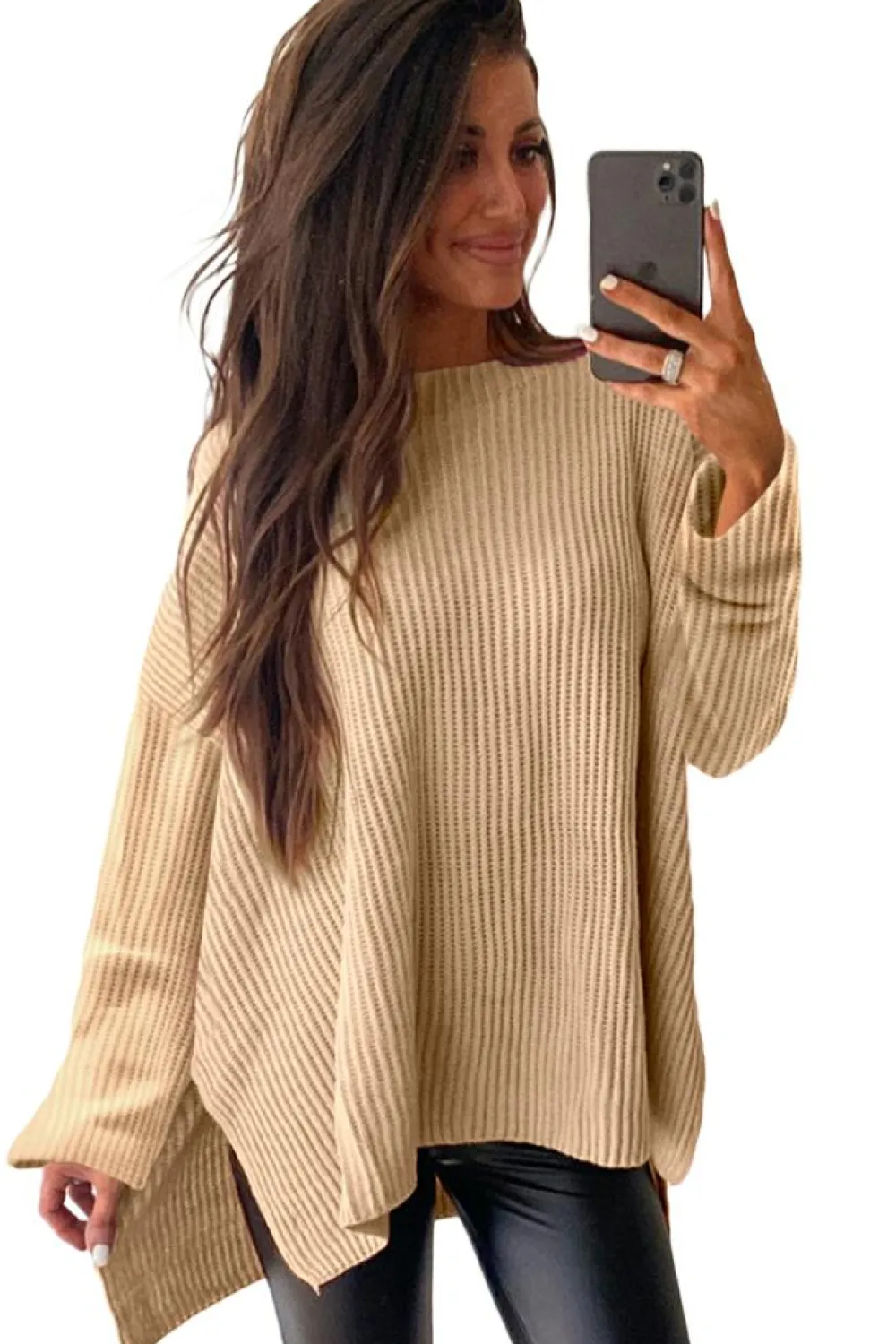 Fashion Dear-Lover Cable Knit Drop Shoulder Side Slits Loose Sweater Apricot