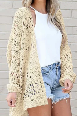 Hot Dear-Lover Casual Hollowed Knit Dolman Sleeve Cardigan Apricot