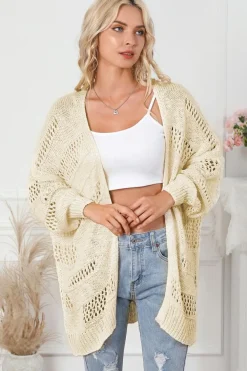 Hot Dear-Lover Casual Hollowed Knit Dolman Sleeve Cardigan Apricot