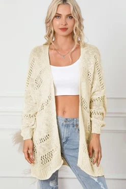 Hot Dear-Lover Casual Hollowed Knit Dolman Sleeve Cardigan Apricot