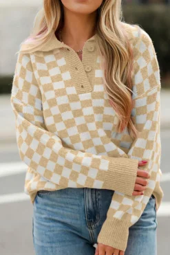 Sale Dear-Lover Checkered Buttons Collar V Neck Drop Shoulder Sweater Apricot